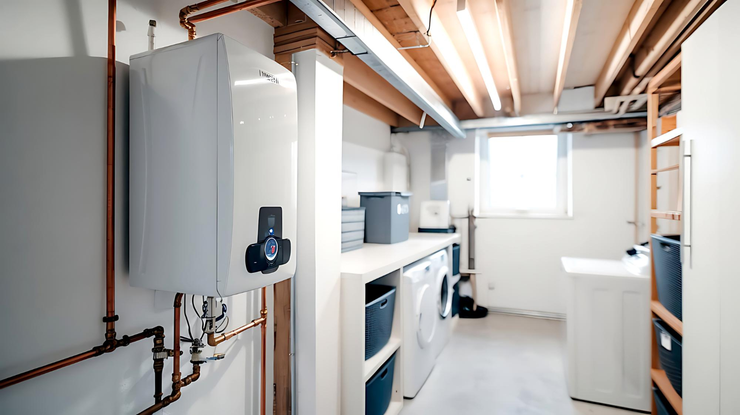 Chaudière murale à condensation dans un local technique Chaudière murale à condensation installée dans un local technique, raccordée à un réseau de tuyauterie en cuivre et intégrée à une installation de chauffage central