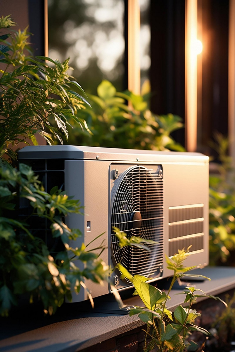Unité extérieure de climatisation installée près d’une maison, entourée de végétation, au coucher du soleil