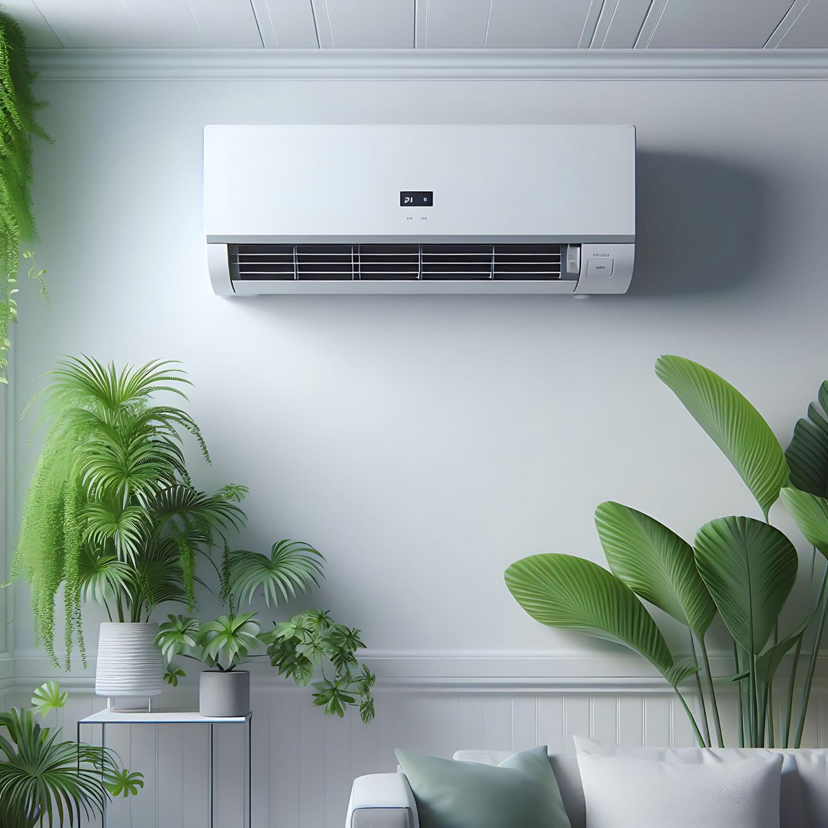 Climatiseur mural installé dans un salon moderne Climatisation murale installée dans un salon lumineux, entourée de plantes vertes