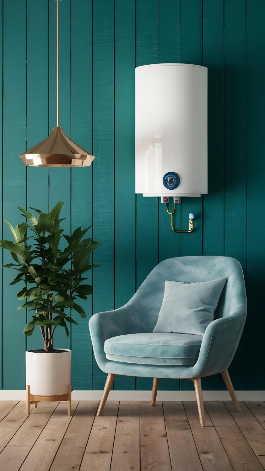 Chauffe-eau électrique mural à accumulation — installation conforme et haut rendement Chauffe-eau électrique mural à accumulation avec cuve émaillée, résistance stéatite, anode magnésium anti-corrosion, groupe de sécurité NF, raccordements eau chaude/eau froide conformes au DTU, installé dans un intérieur moderne